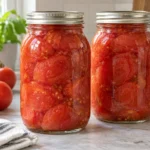 Two sealed jars of raw-packed whole tomatoes without added liquid