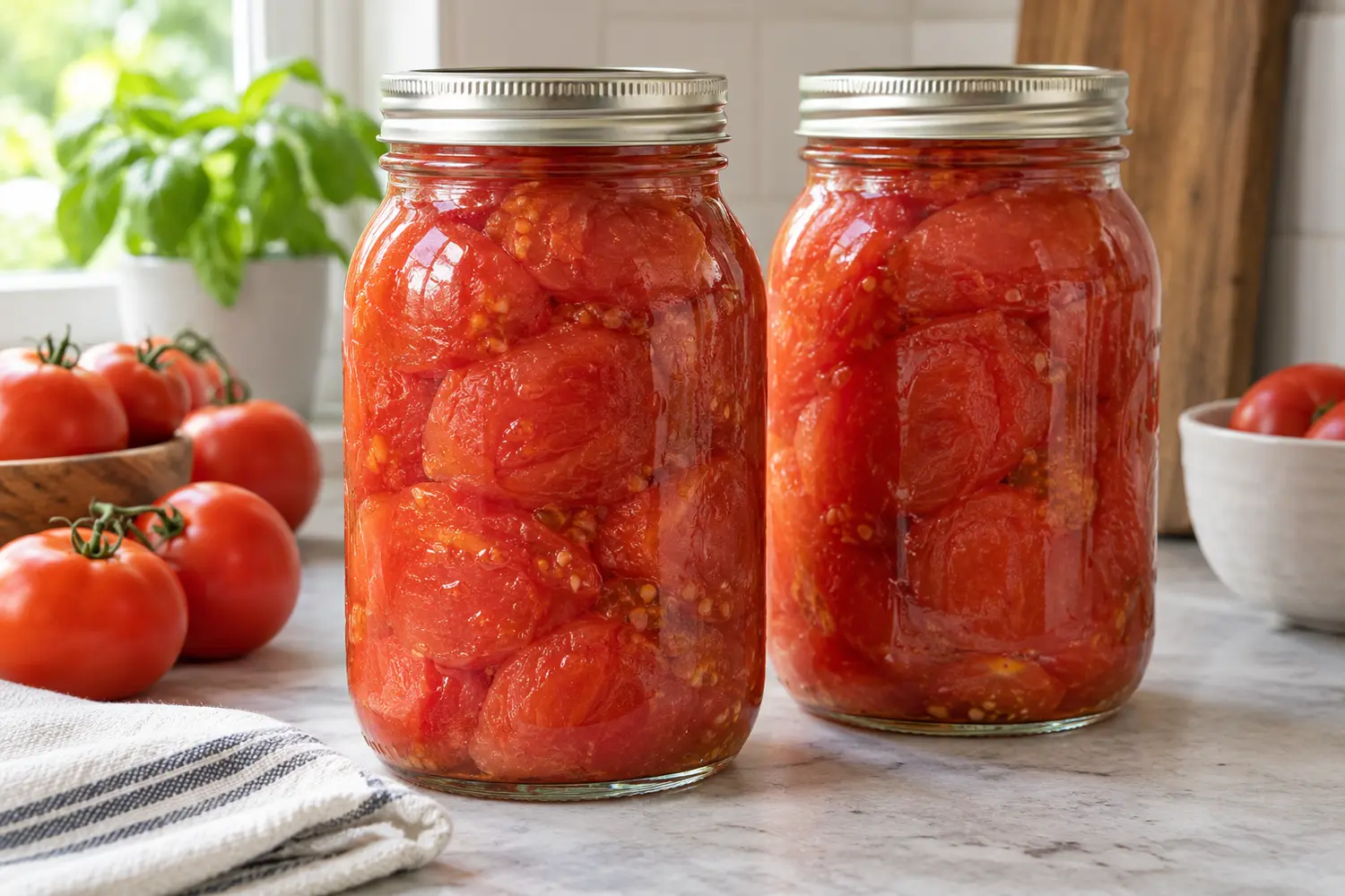 Whole or Halved Tomatoes — Raw Without Added Liquid — NCHFP 1 Two sealed jars of raw-packed whole tomatoes without added liquid