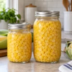 Home-canned whole-kernel corn in sealed pint and quart canning jars