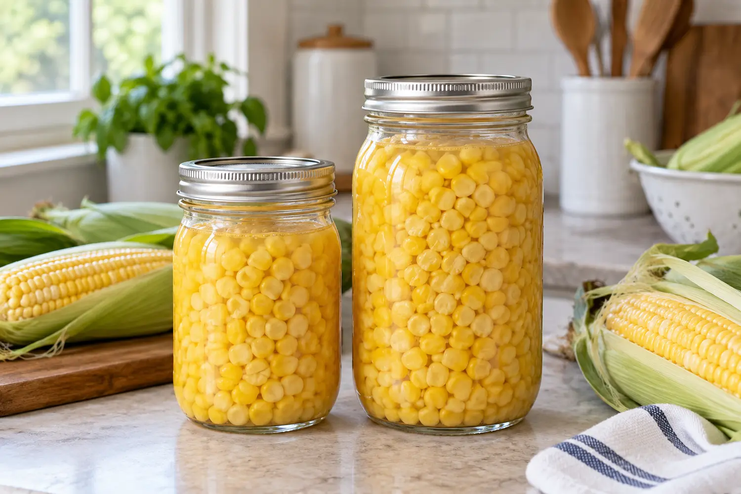 Home-canned whole-kernel corn in sealed pint and quart canning jars