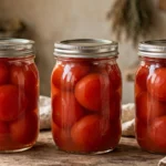 Editorial illustration of mason jars of whole peeled tomatoes with two-piece canning lids