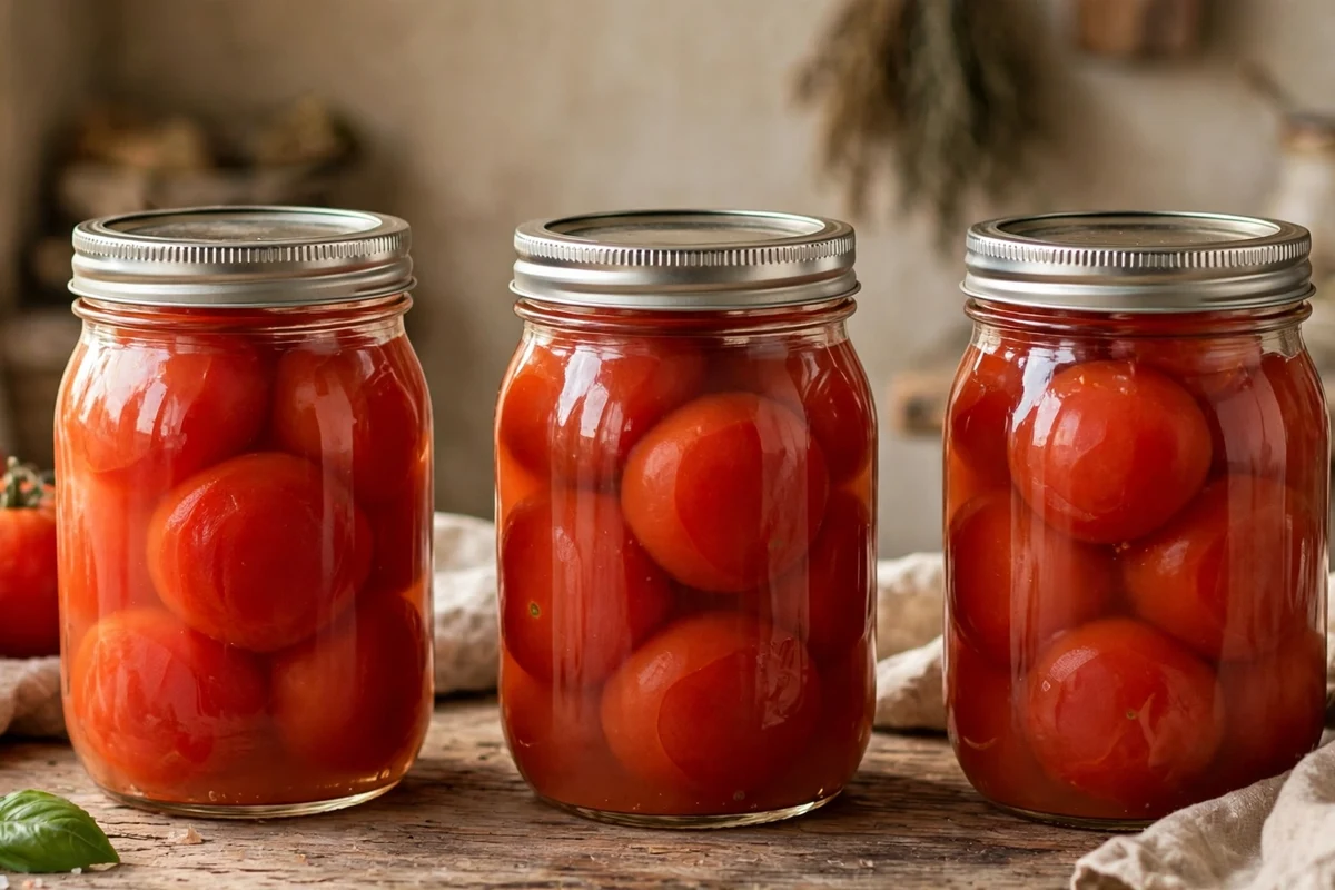 Editorial illustration of mason jars of whole peeled tomatoes with two-piece canning lids