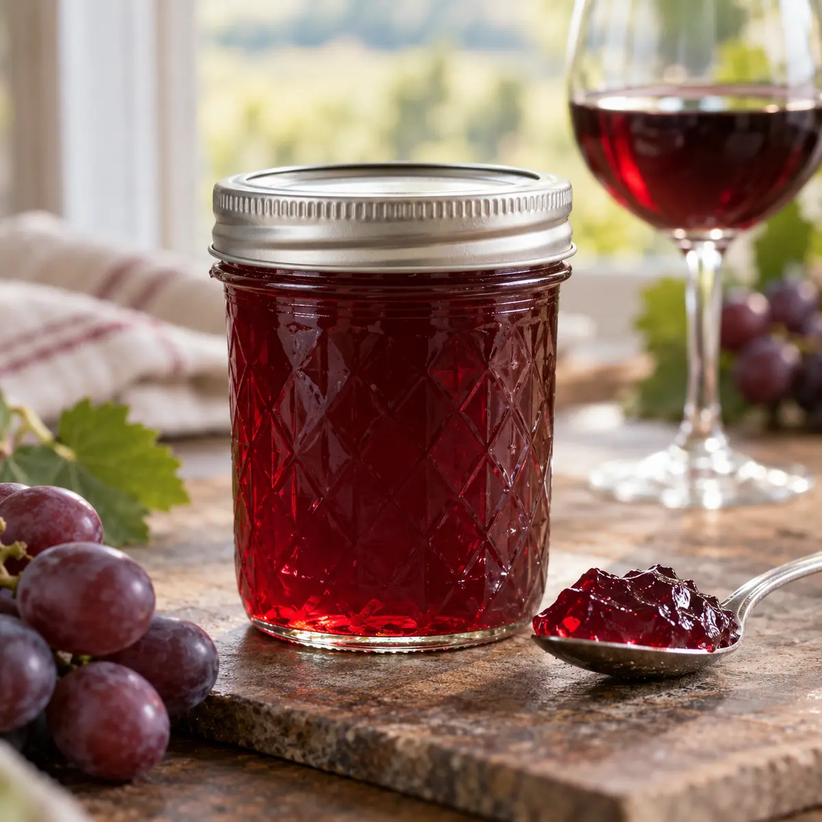 Jar of clear burgundy wine jelly with grapes and red wine