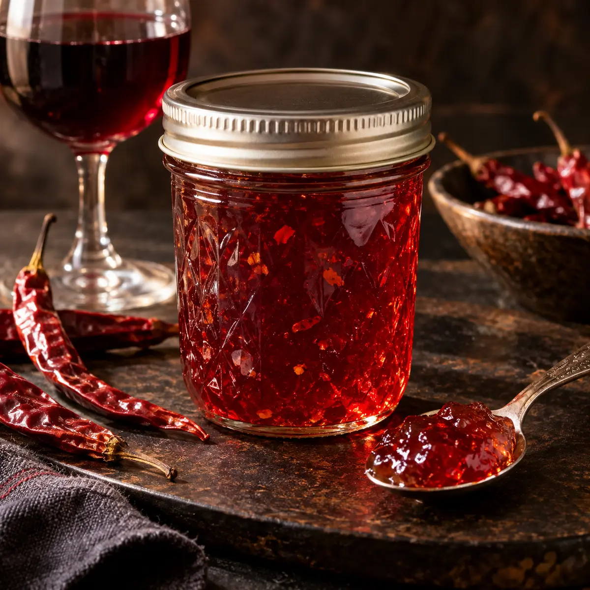 Jar of crimson wine jelly with red chile accents
