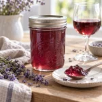 Jar of ruby wine lavender jelly with lavender sprigs