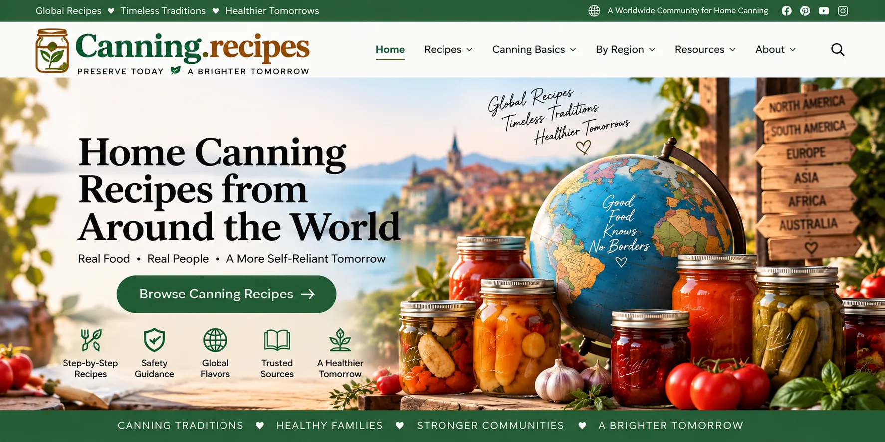 Worldwide Home Canning Recipes & Preservation Encyclopedia 2 Assorted home-canned foods, fresh produce, and preserving ingredients representing worldwide home canning traditions