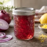 Jar of rosy red onion jelly with fresh red onion