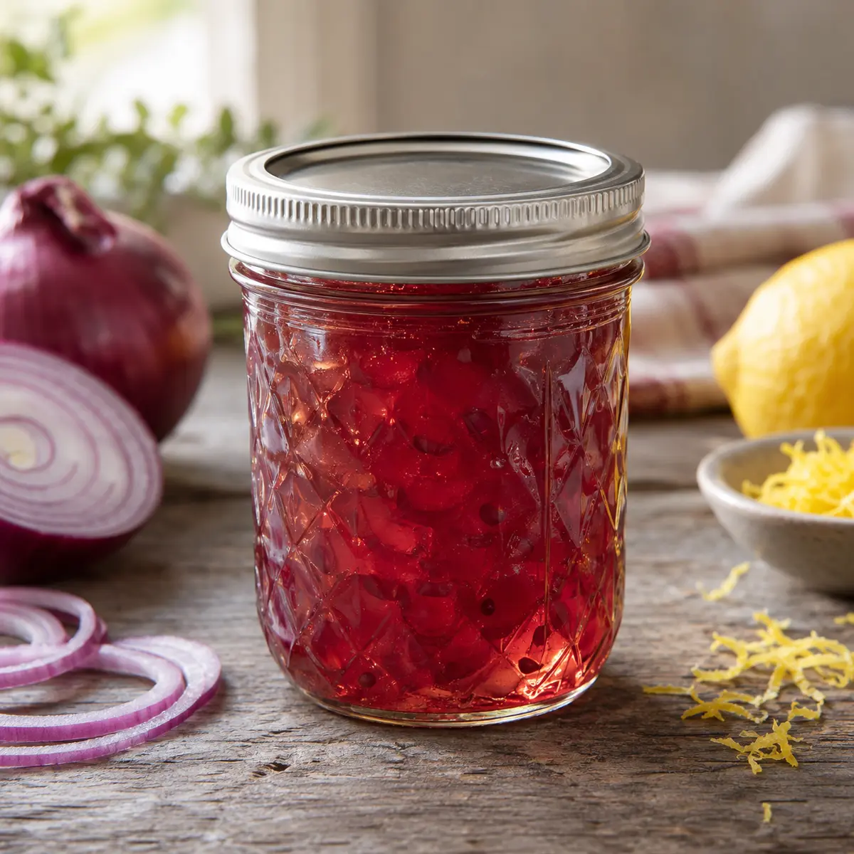 Jar of rosy red onion jelly with fresh red onion