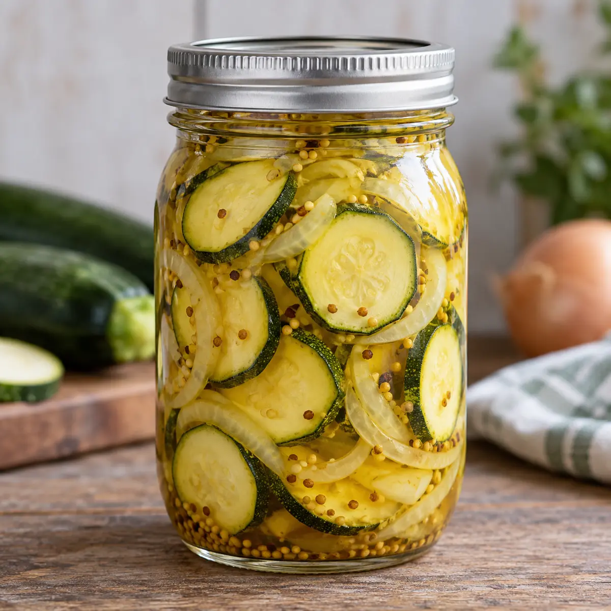 Jar of zucchini pickle slices with onion and mustard seeds