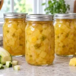 Sealed jars of zucchini-pineapple preserves with fresh zucchini and pineapple.