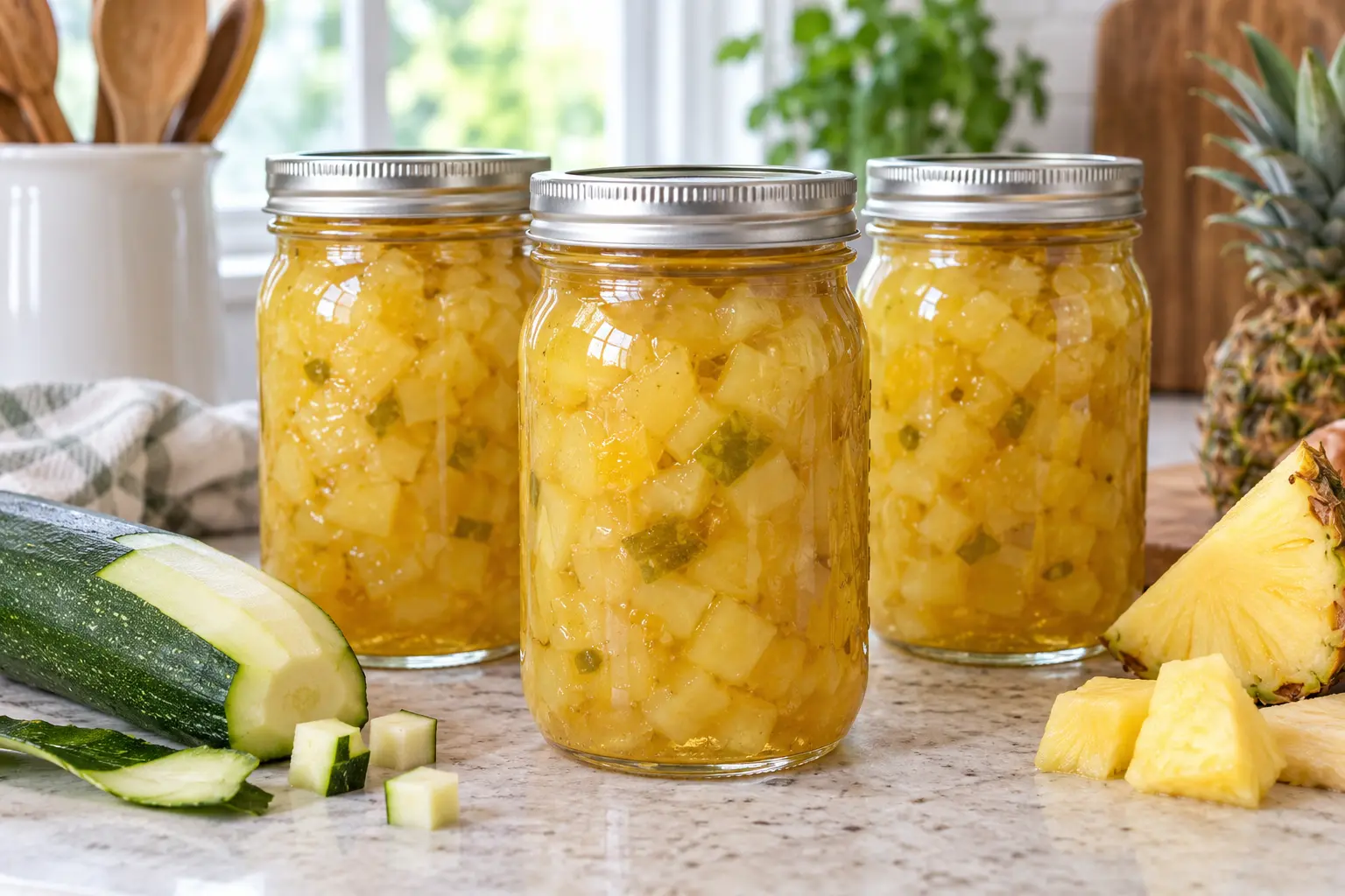 Sealed jars of zucchini-pineapple preserves with fresh zucchini and pineapple.