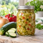 Home-canned zucchini relish in a sealed glass jar with finely chopped zucchini, onion and red pepper.