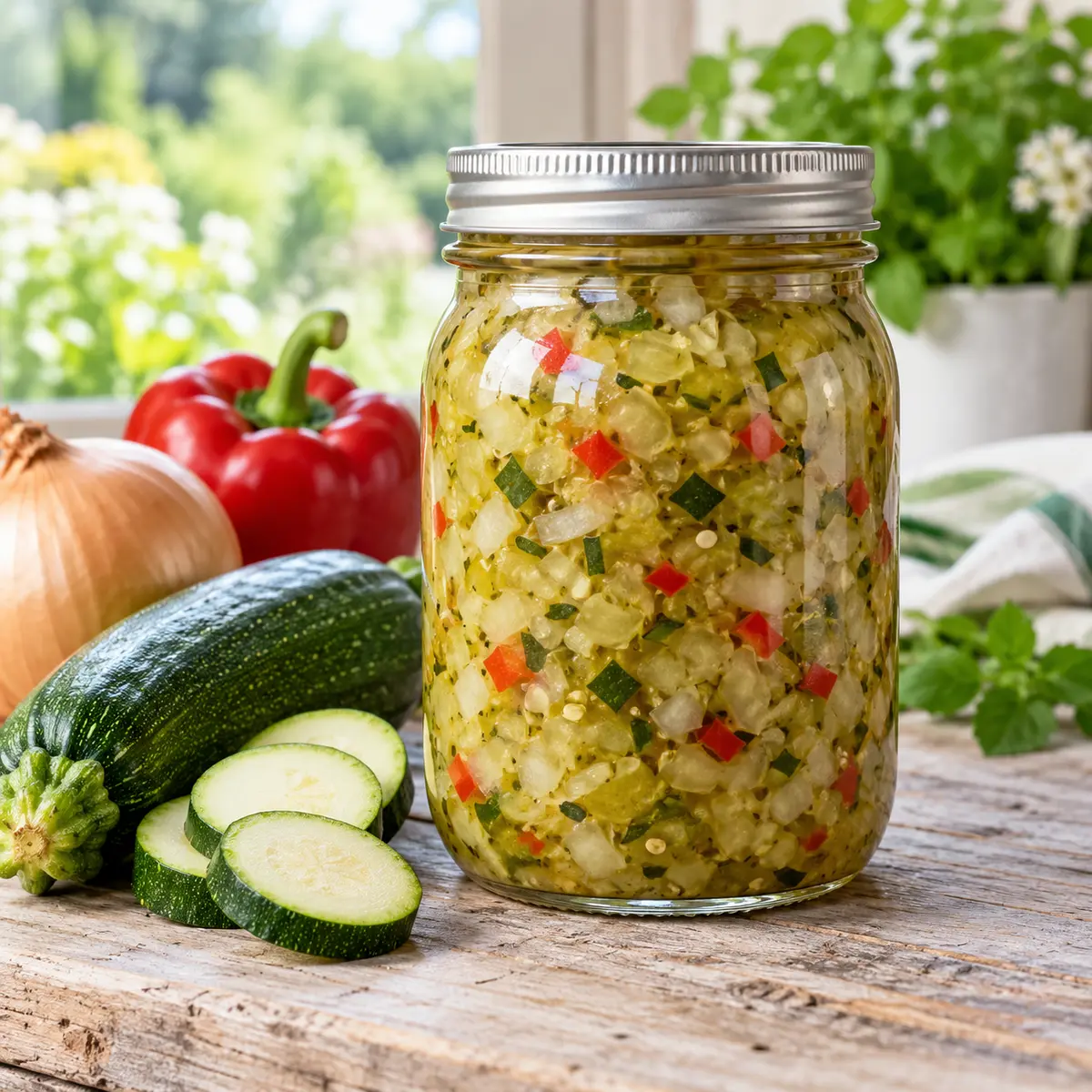 Home-canned zucchini relish in a sealed glass jar with finely chopped zucchini, onion and red pepper.